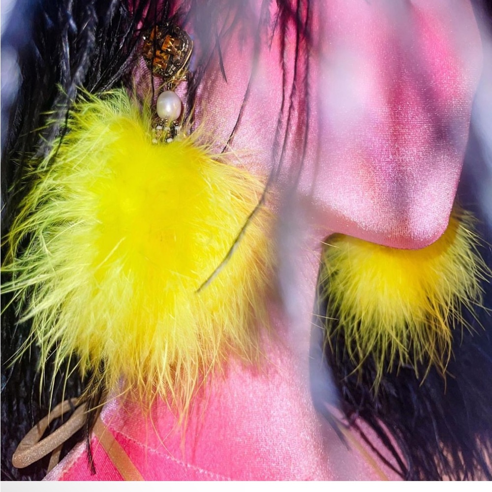 Ranjana Khan neon pom marabou feather earrings